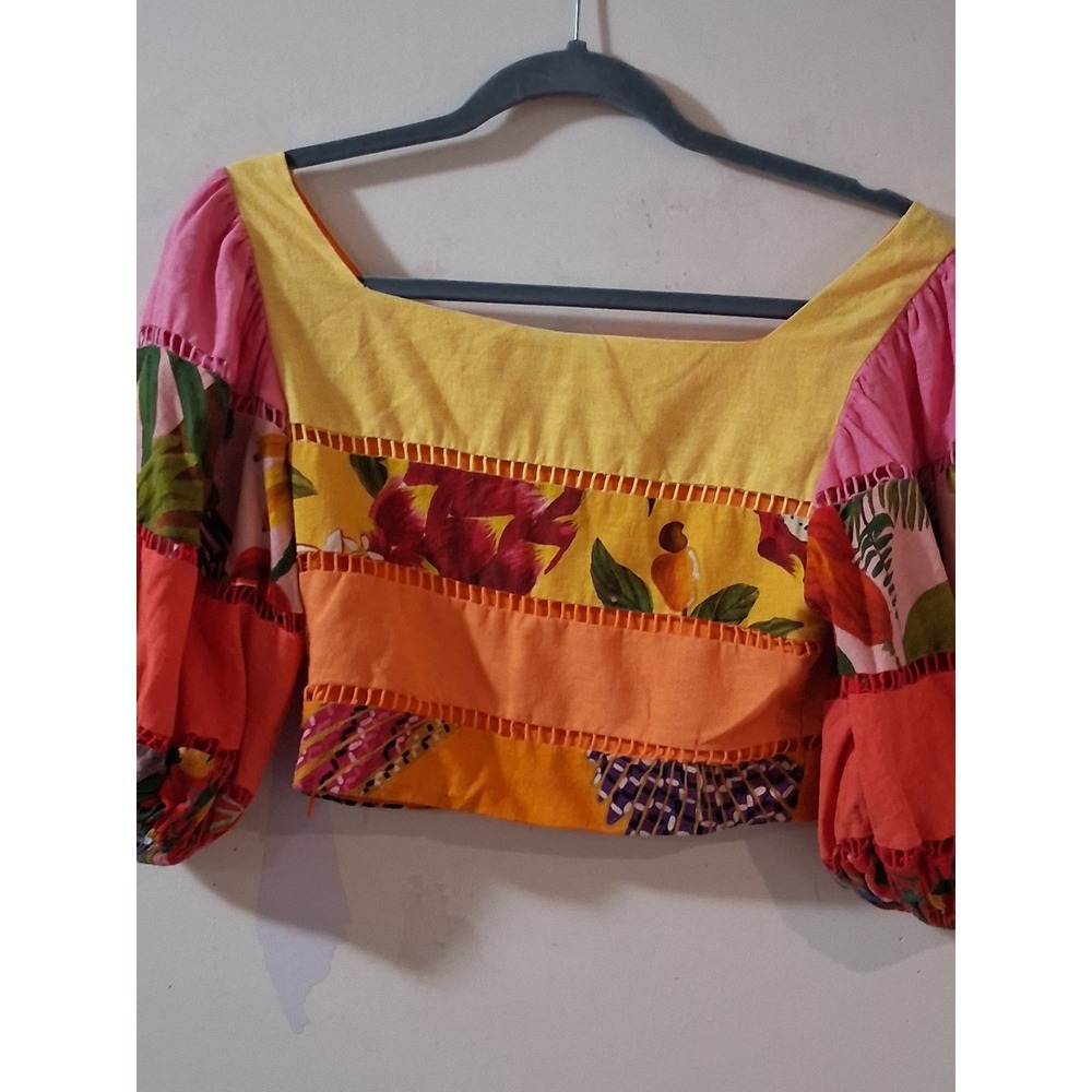 Farm Rio Tropical Patchwork Crop Top Square Neck Puff Sleeve Multi Color Small